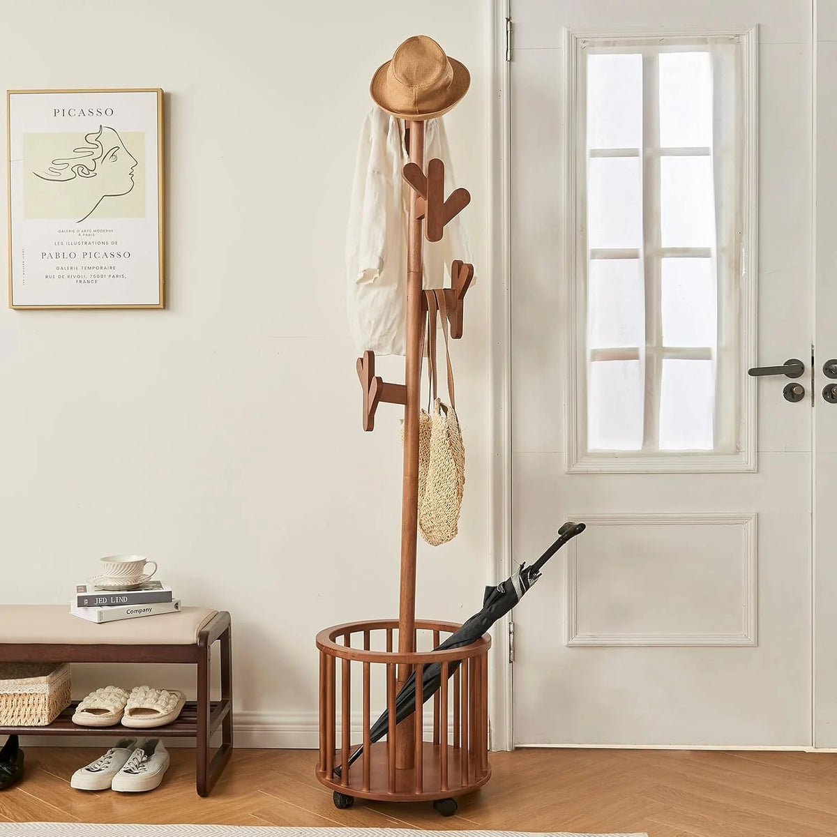 Wood Coat Rack Freestanding - Wooden Coat Tree Hat Rack with 12 Hooks, Clothes Coats Hanger Stand Rolling Racks with Umbrella Holder Wheels for Bedroom Entryway Hallway Livingroom (Walnut)