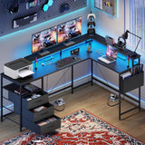 3 Drawers L Shaped Desk 63 Inch, 2 Power Strips (6 AC) and LED, Large Gaming Desk & 2 Monitor Stands, L Shape Computer Desk, Stable and Sturdy Home Office Desk, Fabric Drawers, Black image 2