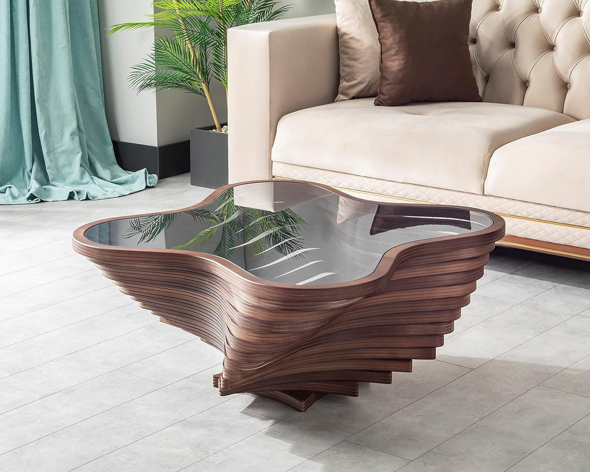 Design a modern coffee table - natural walnut veneer, tempered glass tabletop, layered wave shape, rustic wood, modern living room table, luxurious home and office decoration, central table in the living room.