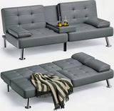 Futon Sofa Bed, Leather Futon Couch with Removable Armrests, Adjustable Recliner Sleeper Sofa Bed with Dual Cup Holders for Living Room, Apartment, Office (Black) image 4