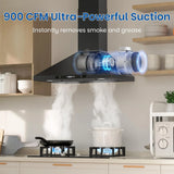Wall-mounted black kitchen exhaust hood, 30 inches, 900 cubic feet per minute, built-in exhaust duct, three-speed exhaust fan, gesture/touch control, timer function, two baffles filters, stainless steel stove exhaust hood image 2