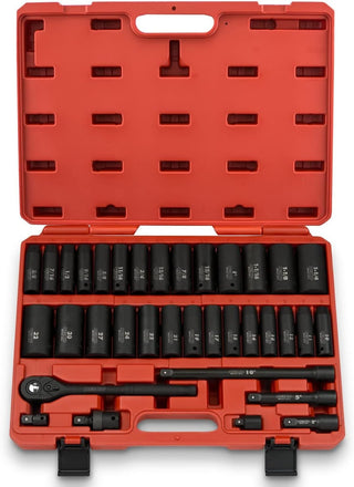 02448A 1/2" Drive Master Impact Socket Set, 65 Piece, Standard SAE (3/8"-1-1/4") & Metric (10-24 mm) Sizes, Deep & Shallow Kit, Includes Adapters & Ratchet Handle