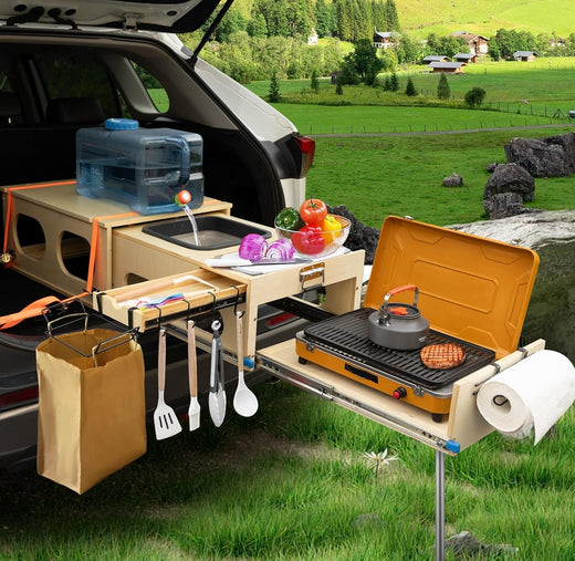 Ultimate Land Kitchen - A camping kitchen kit that combines functions of washing, chopping and cooking - Can be assembled in just 30 seconds - Perfect for land expeditions!