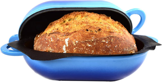 Super Simple Craft Bread Set. Cast iron Dutch oven [compact 2-bowl capacity] and perforated non-stick silicone liner.
