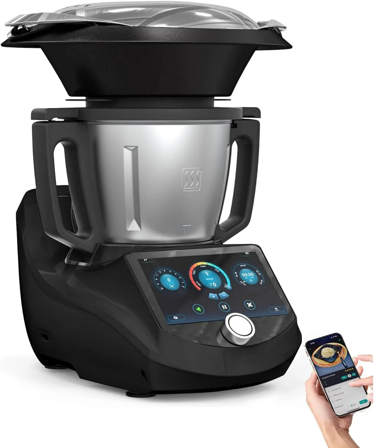 Smart Food Processor UltraCook All-in-One Auto Cooking Machine,3.5L Capacity,600 Online Recipes, Built-in Scale, 7 inch TFT Screen, Self-Cleaning, Multifunctional Kitchen Appliance (CR-7-Black)