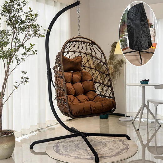 Indoor and outdoor egg-shaped rocking chairs with frames and covers, garden rattan hanging chairs, capacity 450 pounds, with UV-protective cushions, suitable for bedrooms, outdoor balconies, courtyards or living rooms (dark gray)