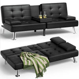 Futon Sofa Bed, Leather Futon Couch with Removable Armrests, Adjustable Recliner Sleeper Sofa Bed with Dual Cup Holders for Living Room, Apartment, Office (Black) image 3