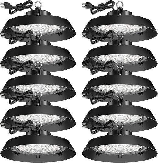 200-watt, 10 sets of UFO lamps, LED ceiling lights, 28,000 lumens, 5000K LED ceiling lights, 5-foot cable, can replace 650-watt metal halide/hot mercury lamps, suitable for gyms, factories, barns and storage areas.