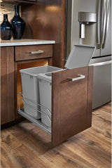 A double pull-out trash can suitable for the bottom of kitchen cabinets, with a capacity of 35 ounces (approximately 0.875 gallons), equipped with a gentle closing sliding mechanism, and in the color of Orison Gray. image 4