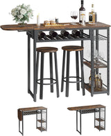 Bar Table and Chair Set, Industrial Expandable Dining Table with 2 Bar Stools, Kitchen Counter with Wine Rack & 3 Tier Adjustable Storage Shelves Rustic Brown image 4