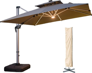 A 10-foot by 10-foot square cantilevered sunshade, equipped with a cross base and canopy, is included - a large heavy-duty outdoor sunshade, 360° rotating offset type, suitable for use in courtyards, backyard of swimming pools, terraces or gardens, i