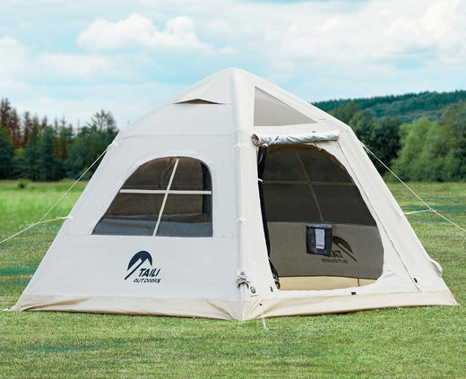 Portable inflatable camping tent, equipped with a manual pump, suitable for 3/4/6 people, easy to set up, suitable for outdoor activities. This inflatable outdoor waterproof Oxford canvas tent is suitable for family camping and is suitable for adults