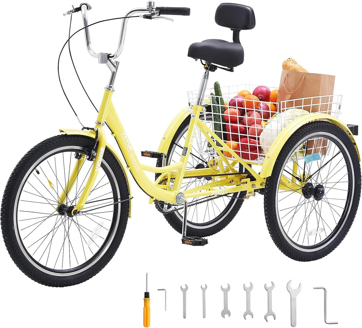 Adult tricycles, 20-inch tricycles, tricycle motorcycles, carbon steel leisure bicycles with baskets and adjustable seats, suitable for elderly, female and male picnic and shopping tricycles (yellow)