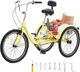 Adult tricycles, 20-inch tricycles, tricycle motorcycles, carbon steel leisure bicycles with baskets and adjustable seats, suitable for elderly, female and male picnic and shopping tricycles (yellow)