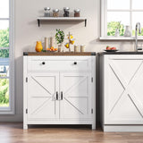 Coffee Bar Cabinet, Kitchen Storage Cabinet, Modern Farmhouse Buffet Sideboard with Drawer and Adjustable Shelf, Barn Door Accent Cabinets for Kitchen, Dining Room, Entryway, White image 2