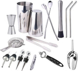 17pc Stainless Steel Cocktail Shaker Set Ice Strainer Clip Mixing Spoon Measure Cup Bar Tools Cocktail Set Can Opener Ice Shovel