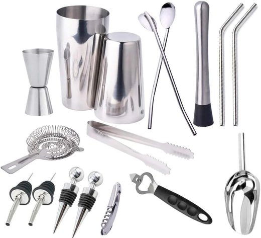 17pc Stainless Steel Cocktail Shaker Set Ice Strainer Clip Mixing Spoon Measure Cup Bar Tools Cocktail Set Can Opener Ice Shovel