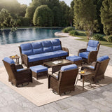 Outdoor Swivel Rocker Patio Chairs with 6-Inch Thick Cushions and Side Table, 3PCS High Back Wicker Patio Furniture Set for Porch, Balcony, Deck and Yard in Blue image 2
