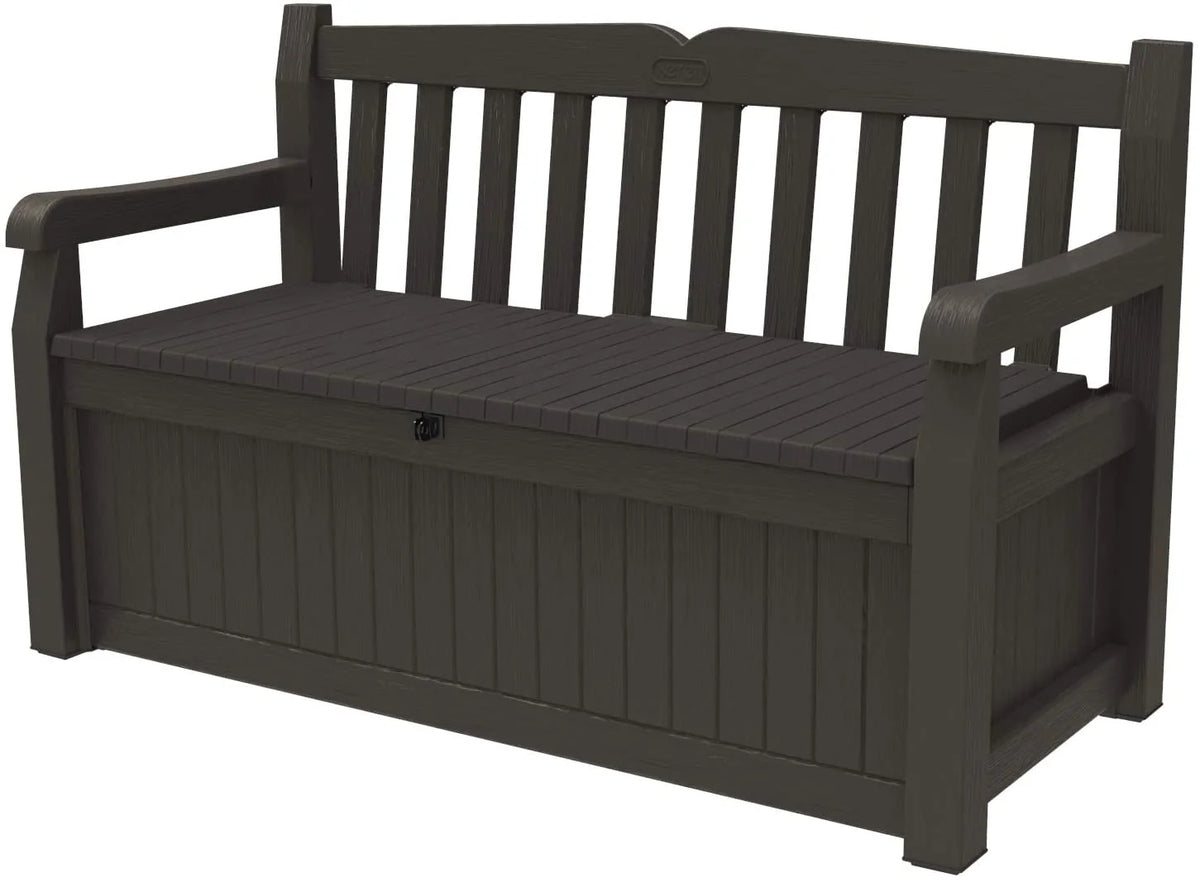 70 Gallon Storage Bench Deck Box for Patio Furniture, Front Porch Decor and Outdoor Seating -- Perfect to Store Garden Tools and Pool Toys, Brown