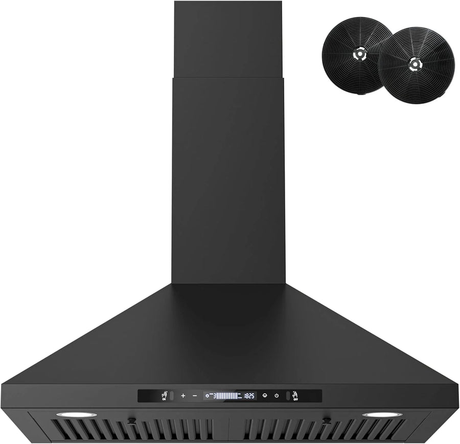 Wall-mounted black kitchen exhaust hood, 30 inches, 900 cubic feet per minute, built-in exhaust duct, three-speed exhaust fan, gesture/touch control, timer function, two baffles filters, stainless steel stove exhaust hood