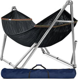 Double hammock with frame, with a load capacity of 650 pounds, double hammock with support rods, made of high-quality 201 stainless steel, assembled in 30 seconds, sturdy and flexible portable hammock frame, suitable for outdoor and indoor use, black image 2
