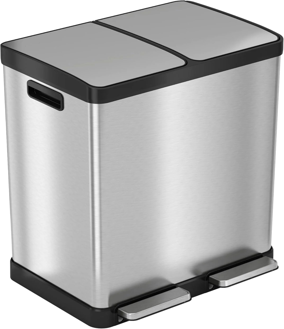16-gallon contact-free trash and recycling bins, made of stainless steel, with a double compartment design (each compartment holds 8 gallons), suitable for recycling and waste disposal in the kitchen.