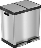 16-gallon contact-free trash and recycling bins, made of stainless steel, with a double compartment design (each compartment holds 8 gallons), suitable for recycling and waste disposal in the kitchen.