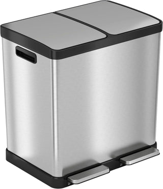 16-gallon contact-free trash and recycling bins, made of stainless steel, with a double compartment design (each compartment holds 8 gallons), suitable for recycling and waste disposal in the kitchen.