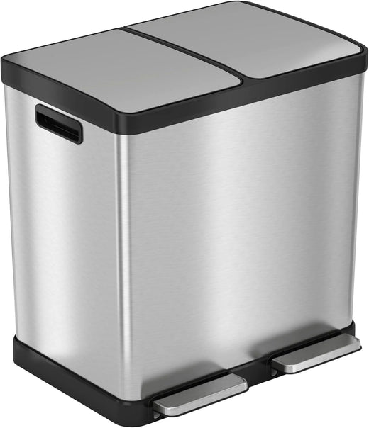 16-gallon contact-free trash and recycling bins, made of stainless steel, with a double compartment design (each compartment holds 8 gallons), suitable for recycling and waste disposal in the kitchen.