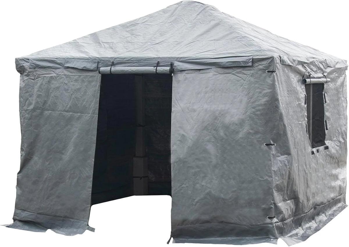 Universal winter tarpaulin, suitable for tall sunshades, used for storing barbecue grills and outdoor furniture, with fireproof and weather-resistant properties, measuring 10 feet by 12 feet, and in gray color.