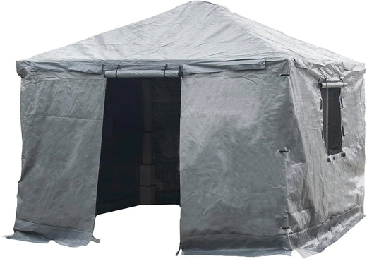 Universal winter tarpaulin, suitable for tall sunshades, used for storing barbecue grills and outdoor furniture, with fireproof and weather-resistant properties, measuring 10 feet by 12 feet, and in gray color.