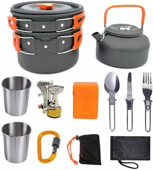 Camping cooking set - picnic cooking pot set - outdoor hiking and barbecue tableware set - camping travel supplies set including frying pan, water jug and stove