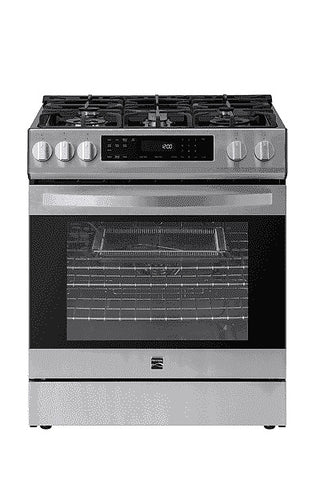 Kenmore 22-76853 5.6 cu. ft. Front-Control 5 Burner True Convection Gas Range with Oven, Large Window, Three Oven Racks, Dishwasher Safe Cast Iron...