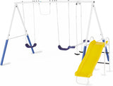 Recreation Blue Ridge Backyard Playground Set Sturdy Metal A Frame Swing with Chain Covers, Glider, Trapeze, 2 Swings, and Slide, Multicolor