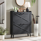 Shoe Storage Cabinet,Farmhouse Shoe Organizer with 4 Flip Drawers & Barn Door Design,Freestanding Hidden Slim Narrow Shoe Rack Cabinet for Entryway,Foyer,Hallway,Walnut image 3