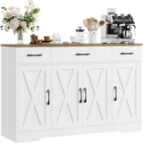 Drawer-equipped buffet-style cabinet, 55-inch large side cabinet-style storage unit with shelves and 4 doors, modern country-style coffee bar-style cabinet, wooden kitchen and dining room storage unit, white/rustic style
