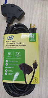 20' 16 Gauge 3-Tap Outdoor Extension Cord, Black image 2