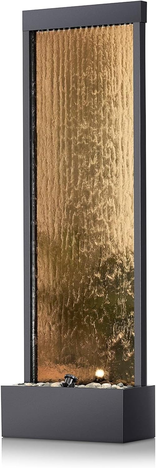 A mirror-floored waterfall fountain with stones and lights - suitable for offices, living rooms, terraces, entrances as a serene indoor/outdoor decoration - 48 inches (bronze color)