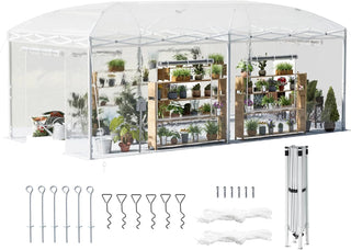 19.2×9.7×8.5 feet Outdoor upgraded retractable greenhouse with adjustable reinforced frame, portable walk-through greenhouse, equipped with 2 rollable zipped doors and mesh windows, PE shell, white