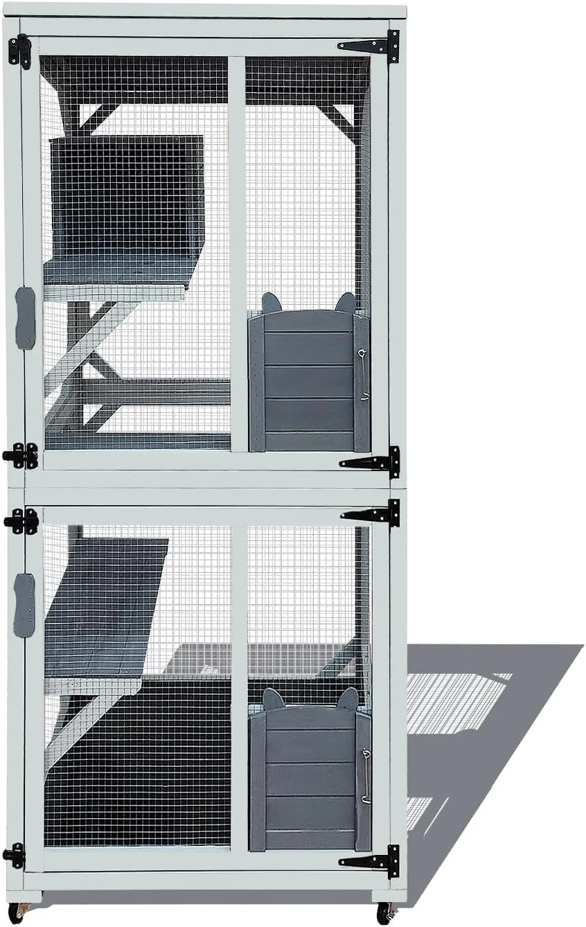 62.6-inch wooden outdoor cat house, large cat cage room, equipped with 7 platforms, 2 rest boxes and a rainproof roof, suitable for multiple pets to use. Step-in cat apartment shelter, white model