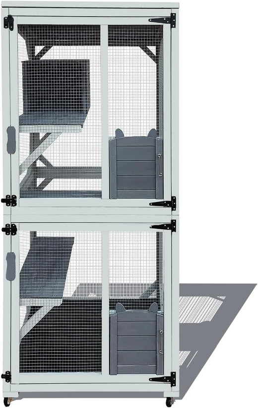 62.6-inch wooden outdoor cat house, large cat cage room, equipped with 7 platforms, 2 rest boxes and a rainproof roof, suitable for multiple pets to use. Step-in cat apartment shelter, white model