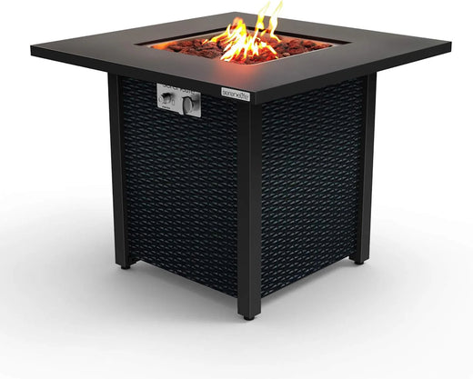 Propane fire pit table, 40,000 watt outdoor square gas fire pit, with lid, weather-resistant metal material, adjustable flame, rock melting set, highly suitable for use on decks, backyards and platforms (30 inches × 30 inches × 11 inches)