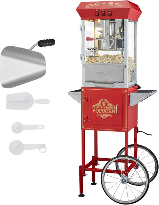 Popcorn machine, 12-ounce pot capacity, 1440-watt countertop popcorn machine, can produce 80 cups per batch, cinema-style popcorn machine, equipped with 3 switches for control, steel frame, tempered glass door, 1 pot, 2 spoons, red version