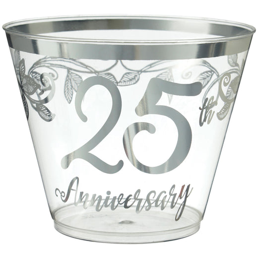 "25th Anniversary" Bordered Trimmed Plastic Reusable Tumbler Cups, Clear/Silver, 9-oz, 30-pk, for Anniversary Party