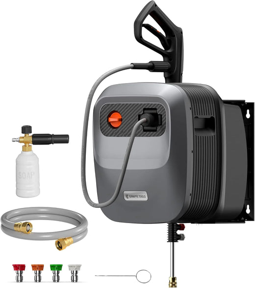 Pressure Washer G20 Pro, 2500 PSI 2.2 GPM, 180° Wall Mounted Power Washer, Auto-retract with 65FT Hose Reel, 5 Nozzles for Floor/Cars/Fences/Patios, Dark Silver
