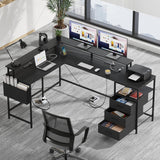 3 Drawers L Shaped Desk 63 Inch, 2 Power Strips (6 AC) and LED, Large Gaming Desk & 2 Monitor Stands, L Shape Computer Desk, Stable and Sturdy Home Office Desk, Fabric Drawers, Black image 3