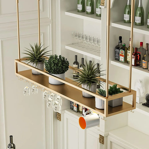 Wall Mounted Wine Rack for Bars & Restaurants Gold Metal Hanging Storage for Wine Bottles & Stem Glasses Perfect for Dining Room & Kitchen Decor Space Saving Design