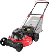 21-inch gas-powered lawn mower, equipped with a 144cc four-stroke all-terrain engine, featuring both crushing and side-discharge functions, with adjustable cutting height ranging from 6 positions. image 3
