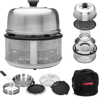 Stainless steel non-smoking portable tabletop charcoal grill with a frying pan, an outdoor barbecue grill with 10 functions, suitable for camping, boats and RVs, is the perfect combination for an outdoor kitchen (fully equipped)