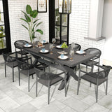 Extendable Patio Dining Table for 6-8, 63''-83'' Outdoor Aluminum Table w/Umbrella Hole, Rectangle Slatted Tabletop, Metal X-Trestle for Meals Garden Deck Backyard Gathering Party - Light Brown image 4